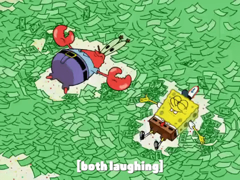 Gif of Spongebob and Mr Crabs making snow angels in cash and laughing.