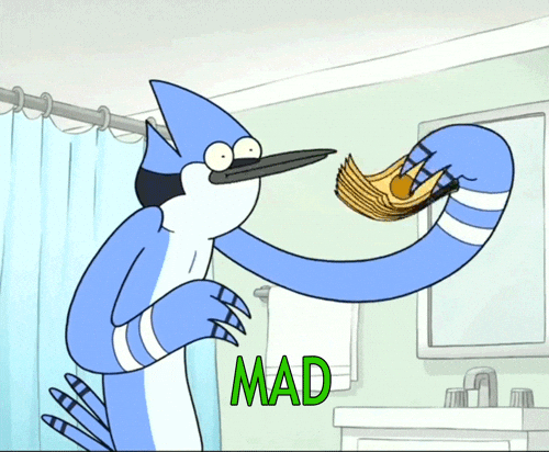 Gif of The Regular Show with a bird holding a stack of cash