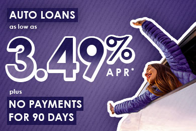 Enjoy auto loan rates as low as 3.49% APR for 36 months, plus make no payments for 90 days. 